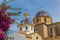 Roze bloemen voor de blauwe koepels van de kerk in Altea