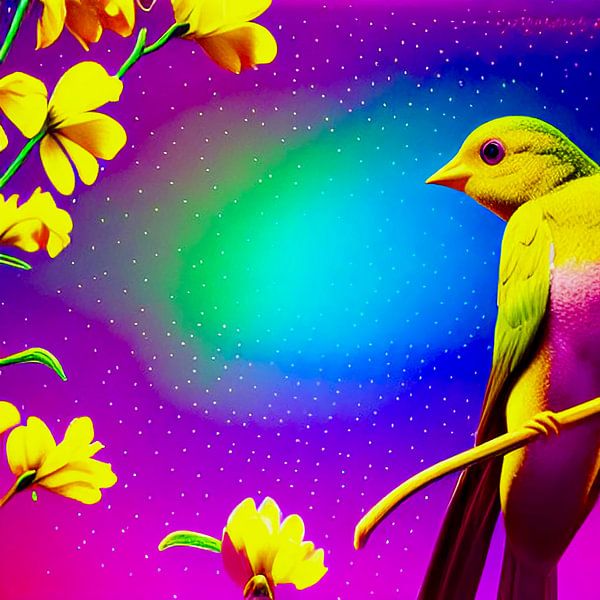 Jardin d&#039;Eden V - Oiseau coloré sur une branche avec des fleurs la nuit - illustration numériqu par Lily van Riemsdijk - Art Prints with Color