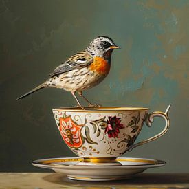 Bird on vintage teacup by But First Framing