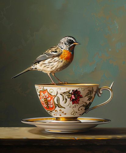Oiseau sur une tasse à thé vintage