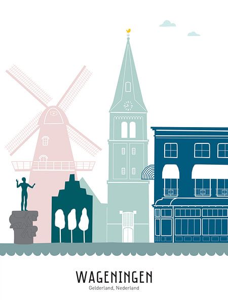 Illustration de la ligne d'horizon de Wageningen en couleur par Mevrouw Emmer