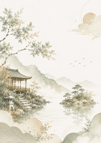 Paysage brumeux d'un pavillon au bord d'un lac japonais