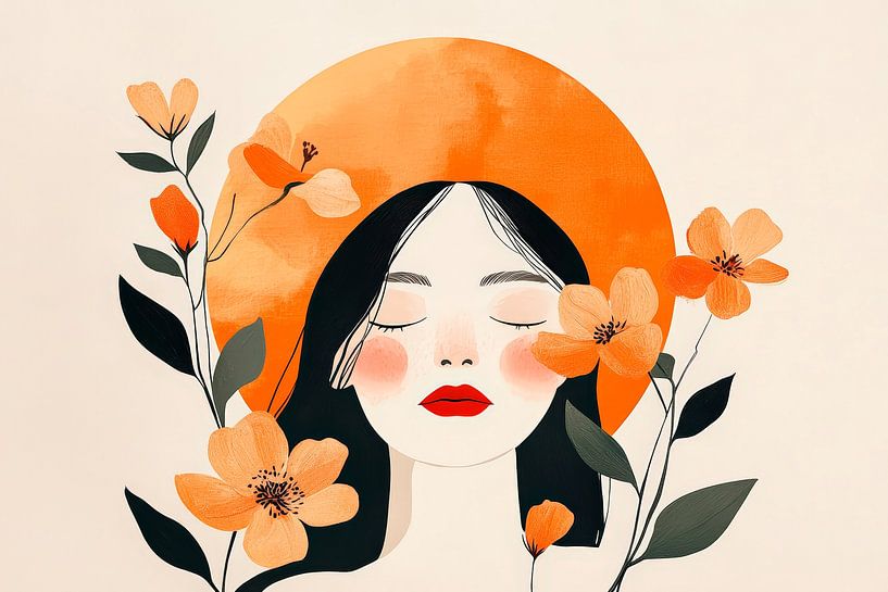 Frau mit Blumen und orangefarbener Aura von Poster Art Shop