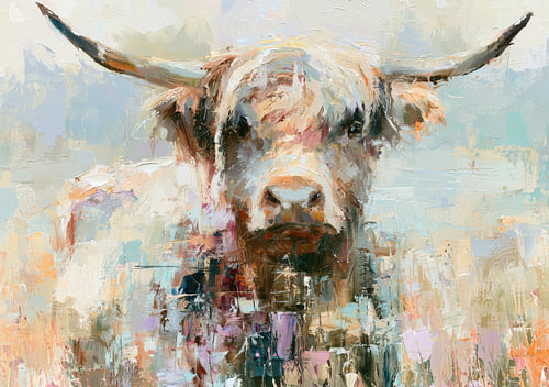 Portrait of a Scottish Highland cow in soft pastel shades by Niklas Maximilian