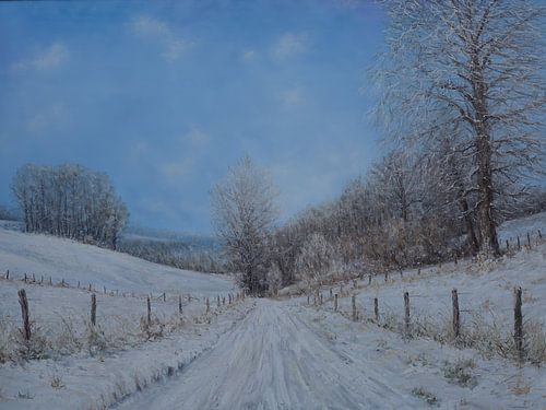 Sfeervol winters dorpsgezicht van Sibbe – een rustgevend schilderij vol sneeuw, licht en Limburgse charme.