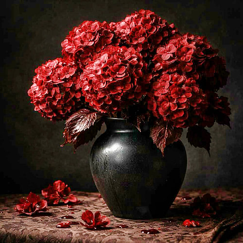 Blutrote Hortensie und Steintopf