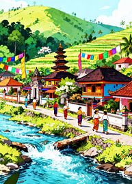 Vibrant Balinese village nestles beside a flowing river by Artkreator
