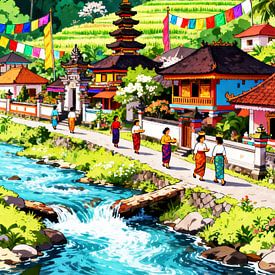 Un village balinais animé niché au bord d'une rivière sur Artkreator
