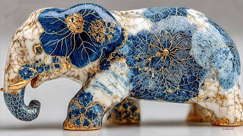 olifant in delfts blauw en goud op een wit marmeren achtergrond