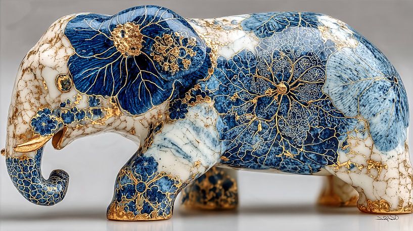 olifant in delfts blauw en goud op een wit marmeren achtergrond van Gelissen Artworks