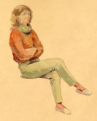 Vrouwelijk model in de academie te Dendermonde - aquarel.