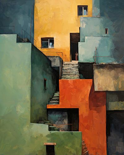 Bunte Stadt mit Gassen und Treppen