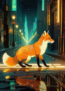 Fuchs in einer Neon-Stadtlandschaft