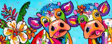 Two Happy Cows in Tropical Paradise by Happy Paintings