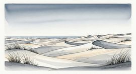 Aquarel schilderij van zandduinen met gras en oceaan horizon van Markus Gann