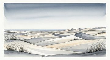 Aquarellmalerei von Sanddünen mit Gras und Meereshorizont von Markus Gann