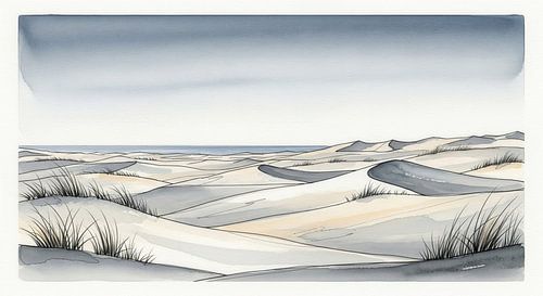 Aquarel schilderij van zandduinen met gras en oceaan horizon