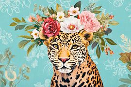 Leopard with floral wreath on pastel blue by Poster Art Shop