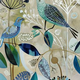 Hippe Illustration, Landschaft mit botanischen Elementen und Vögeln von Studio Allee