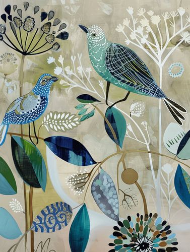 Illustration de la hanche, paysage avec des éléments botaniques et des oiseaux