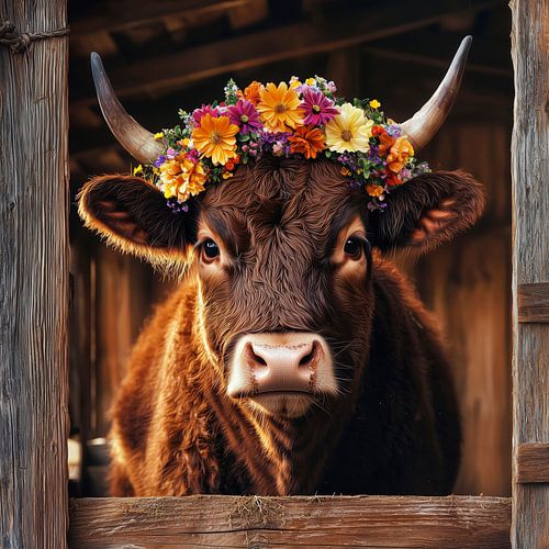 Decorated cow looks majestically out of the stable