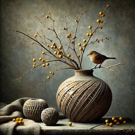 Gele Bessen en Stilte – landelijk bloemstilleven met vogel van Kleurenrijk