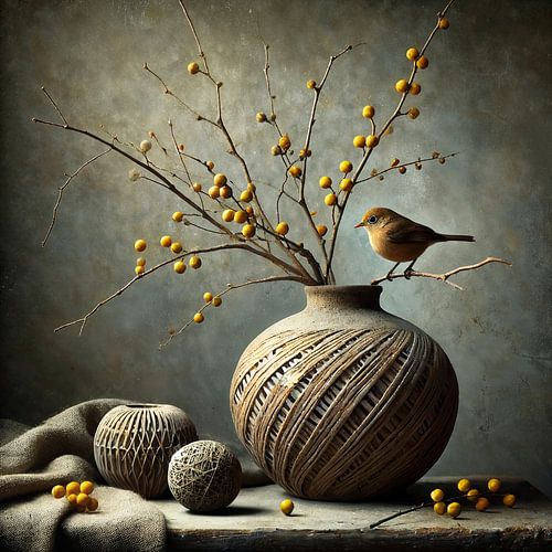 Gelbe Beeren und Stille - ländliches Blumenstillleben mit Vogel