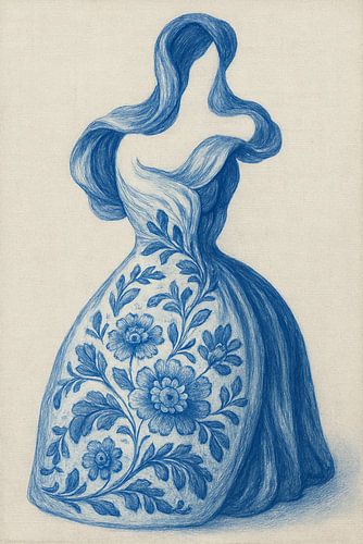 Delfts Blauw kunstwerk – sierlijk bloemendessin in vloeiende vorm