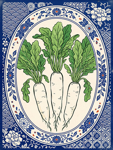 Daikon Radishes in Traditional Japanese Floral Frame