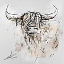 Digitaal artwork - schilderij van een stier of koe. Inkt tekening ingekleurd in waterverf stijl van Emiel de Lange thumbnail