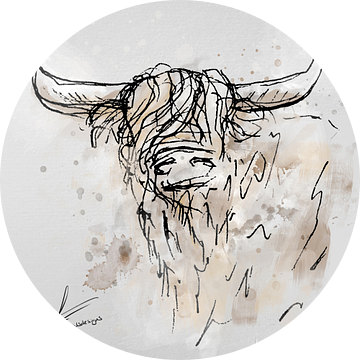 Digitaal artwork - schilderij van een stier of koe. Inkt tekening ingekleurd in waterverf stijl van Emiel de Lange