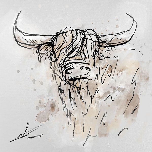 Digitales Kunstwerk - Gemälde eines Bullen oder einer Kuh. Tuschezeichnung koloriert im Aquarellstil von Emiel de Lange