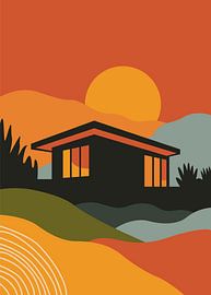 Illustratie van een moderne hut uit het midden van de vorige eeuw, met een grote zon, glooiende heuvels en een levendig retro kleurenpalet