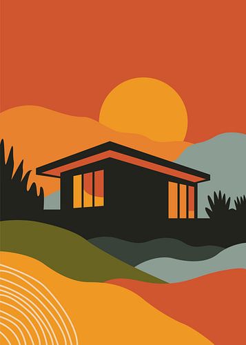 Illustration einer Hütte im Mid-Century-Modern-Stil mit einer großen Sonne, sanften Hügeln und einer lebhaften Retro-Farbpalette
