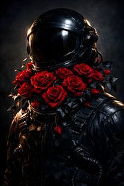 Astronaut Black Suit Red Roses Floral Space Art by Faheem Beigh