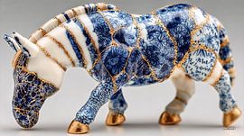 horse in delft blue and gold on a white marble background by Gelissen Artworks