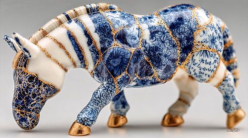 paard in delfts blauw en goud op een wit marmeren achtergrond