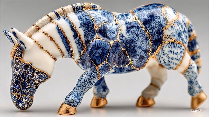 paard in delfts blauw en goud op een wit marmeren achtergrond van Gelissen Artworks
