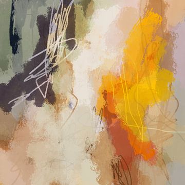Peinture abstraite moderne aux couleurs pastel. Jaune, terre cuite, vert et orange. sur Dina Dankers