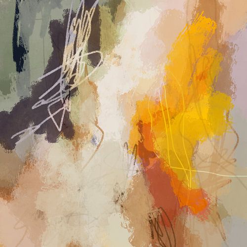 Modern abstract kleurrijk schilderij in pastelkleuren. Geel, terracotta, groen en oranje