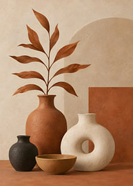 Terracotta Vase with Autumn Foliage Art Print – Earth Tone Still Life, Abstract Sunlight and Modern Botanical Wall Art by Timeless Artworks