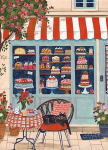 Pâtisserie française avec un chat noir et des gâteaux colorés
