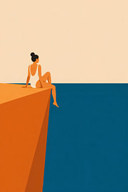 Illustration minimaliste représentant une femme au bord de la mer, sur une plate-forme sur DesignDoodle