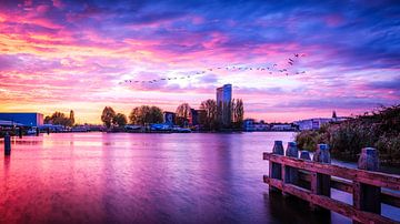 Het havenkwartier van Deventer met vogels met een paarse lucht van Bart Ros