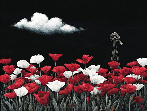 Red & White Fields | Tulips under Black Sky