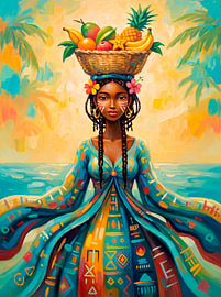 Woman with fruit and a colourful dress by ¡ guay !