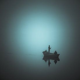 In the mist a boat with three people on the river by Jille Zuidema