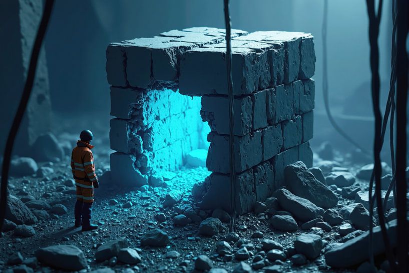 Miniatuurfiguur observeert lichtgevend interieur van verwoeste stenen welp van Markus Gann