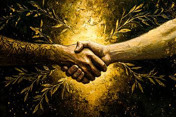 Goldener Händedruck mit Blättern