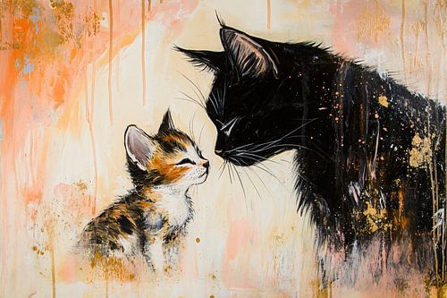Moederkat en kitten schilderij